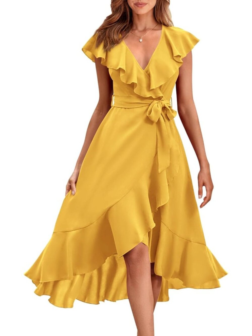 Women's Yellow Summer Cross Midi Dress V Neck Short Sleeve Ruffle Hem Dress